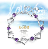 925 Sterling Silver Purple Love Heart Zircon Crystal Flower Bracelet