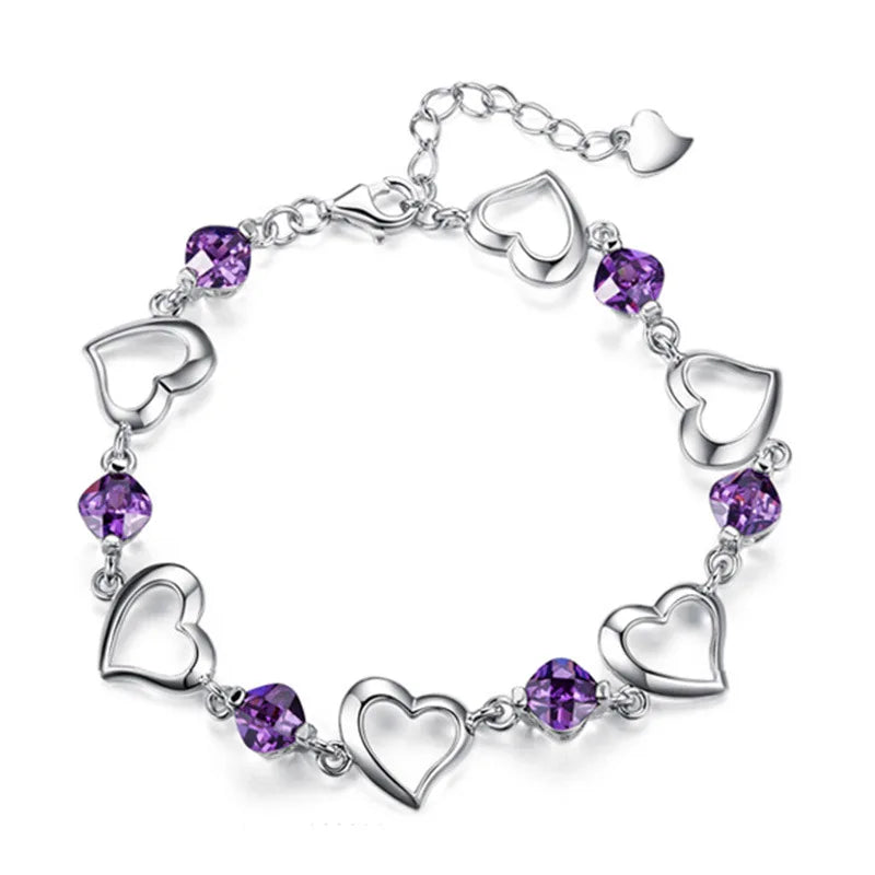 925 Sterling Silver Purple Love Heart Zircon Crystal Flower Bracelet