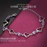 925 Sterling Silver Purple Love Heart Zircon Crystal Flower Bracelet