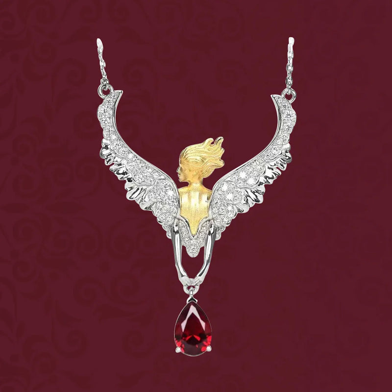 925 Silver Angel Feather Pendant Necklace Red Zircon Vintage Necklaces