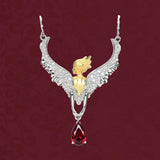 925 Silver Angel Feather Pendant Necklace Red Zircon Vintage Necklaces
