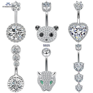 925 Silver Crystal Heart Navel Piercing Panda Belly Button Ring