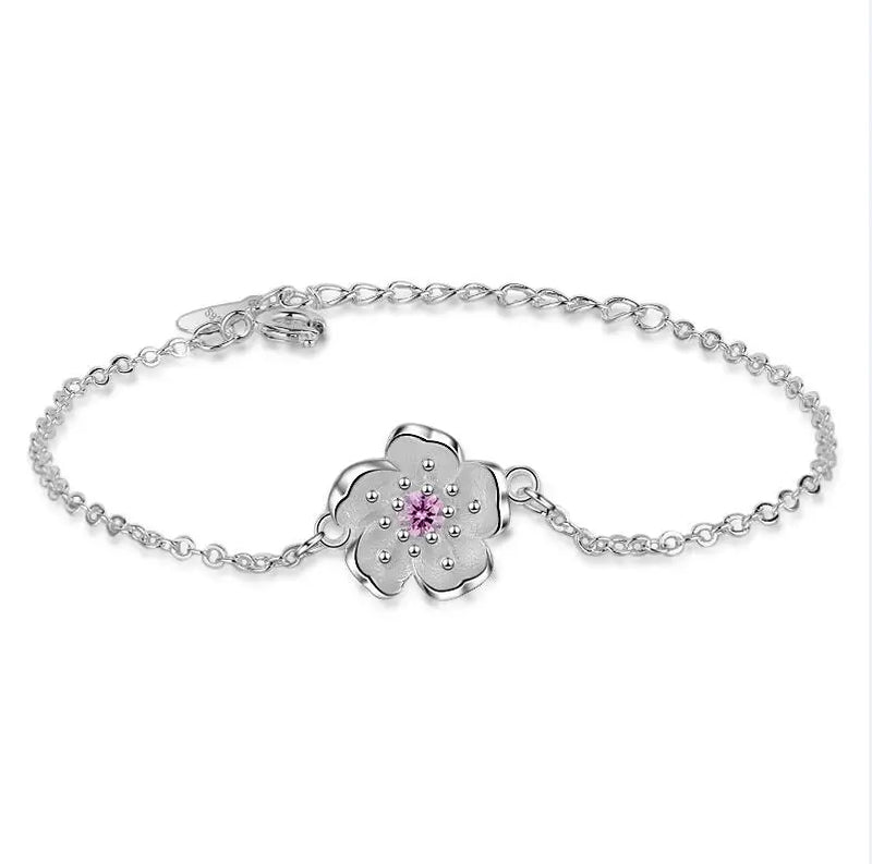 925 Silver Bracelet Purple/Pink Zirconia Plum Blossom Flower Bracelet Bangle