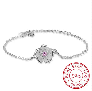 925 Silver Bracelet Purple/Pink Zirconia Plum Blossom Flower Bracelet Bangle