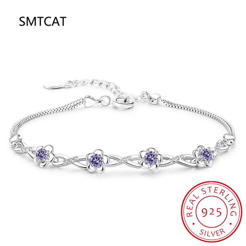 925 Silver Purple Zirconia Flower Bracelet for Women