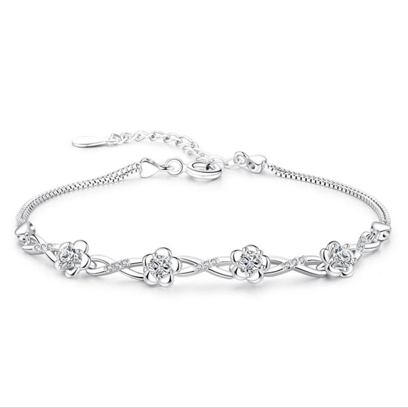 925 Silver Purple Zirconia Bracelet Plum Flower Bangles