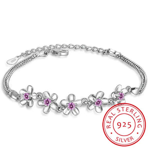 925 Silver Bracelet Purple Zirconia Plum Flower Bangle