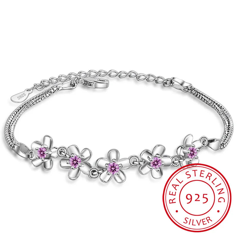 925 Silver Bracelet Purple Zirconia Plum Flower Bangle