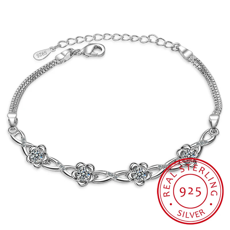925 Silver Zirconia Plum Flower Bracelet Fine Jewelry For Women