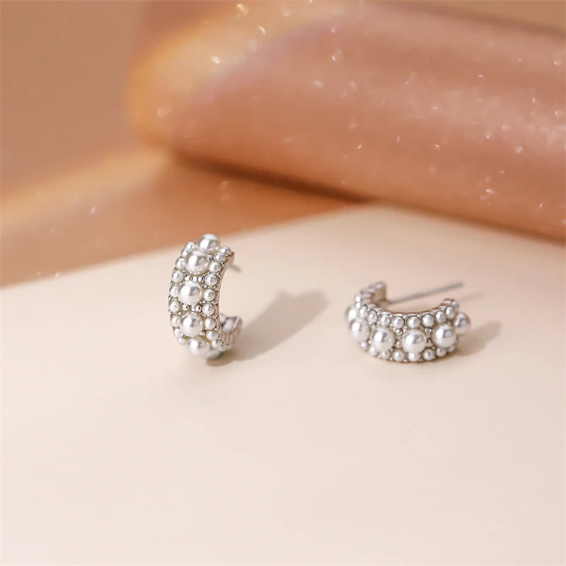 925 Silver C-shaped Pearl Stud Earrings, Wedding Jewelry