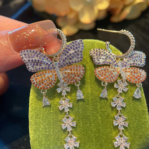 925 Silver Zircon Butterfly Tassel Earrings Wedding Engagement