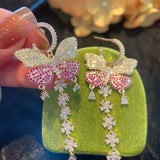 925 Silver Zircon Butterfly Tassel Earrings Wedding Engagement