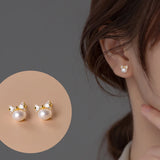 925 Silver CZ Bowknot Stud Earrings with Pearl