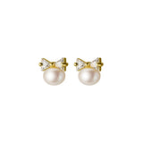 925 Silver CZ Bowknot Stud Earrings with Pearl