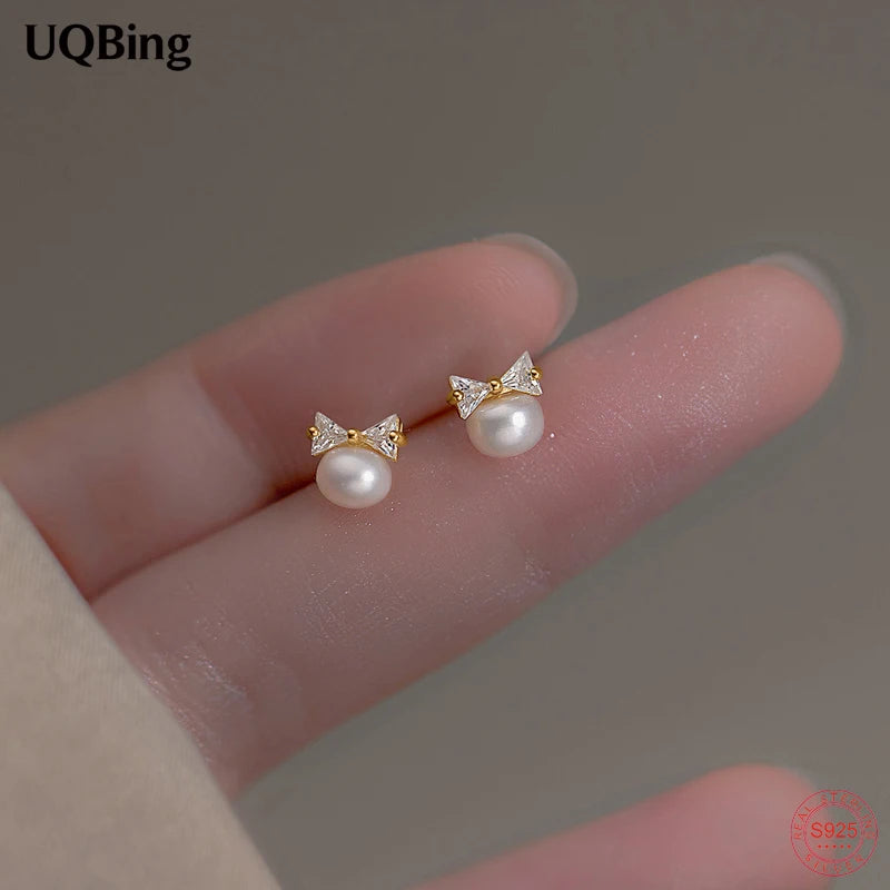 925 Silver CZ Bowknot Stud Earrings with Pearl