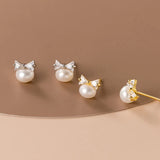 925 Silver CZ Bowknot Stud Earrings with Pearl