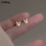 925 Silver CZ Bowknot Stud Earrings with Pearl