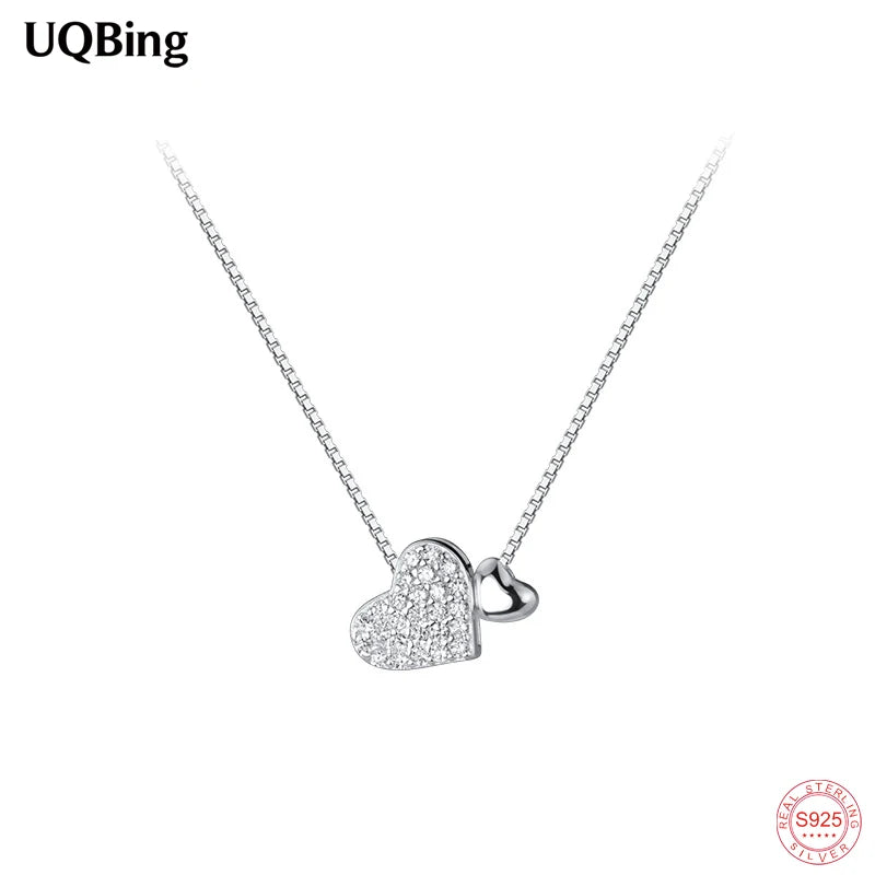 925 Silver Double Heart CZ Wedding Pendant Necklace Women