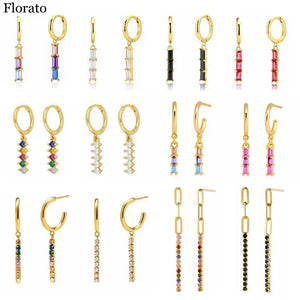 925 Silver Geometric Zircon Earrings Colorful Crystal CZ Wedding Jewelry