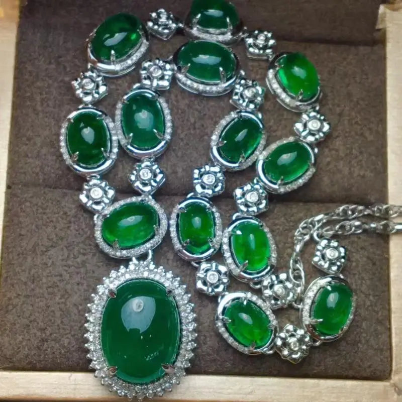 925 Silver Emerald Pendant Necklace Vintage Women's Jade Choker