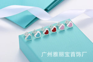 Enamel Heart Stud Earrings 925 Silver Women's Square Party Jewelry