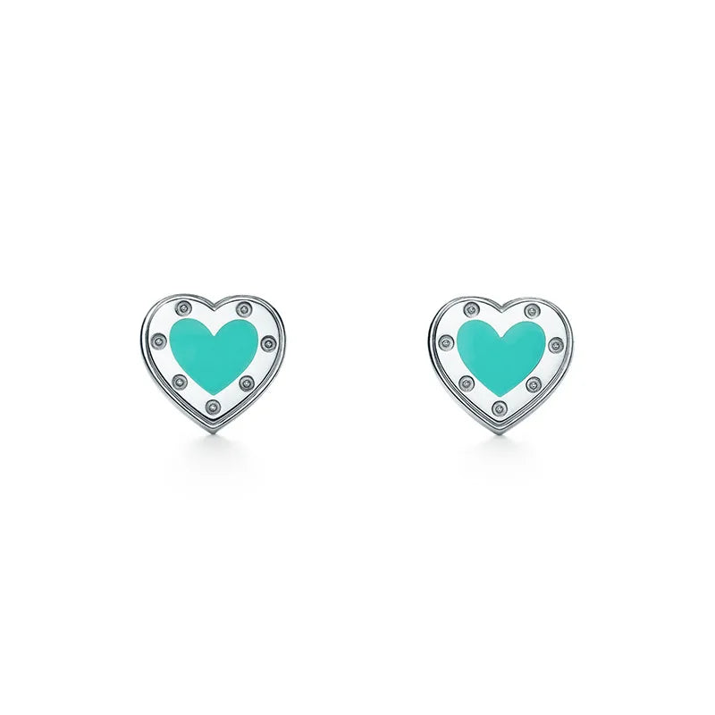925 Silver Heart Stud Earrings Enamel Bijoux Square Party Jewelry