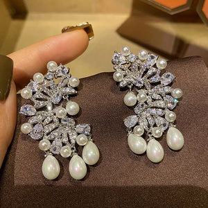 925 Silver Pearl Drop Earrings Exaggerated Design Dangling Ear Jewelry
