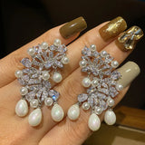 925 Silver Pearl Drop Earrings Exaggerated Design Dangling Ear Jewelry