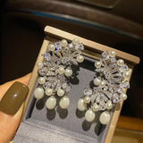 925 Silver Pearl Drop Earrings Exaggerated Design Dangling Ear Jewelry