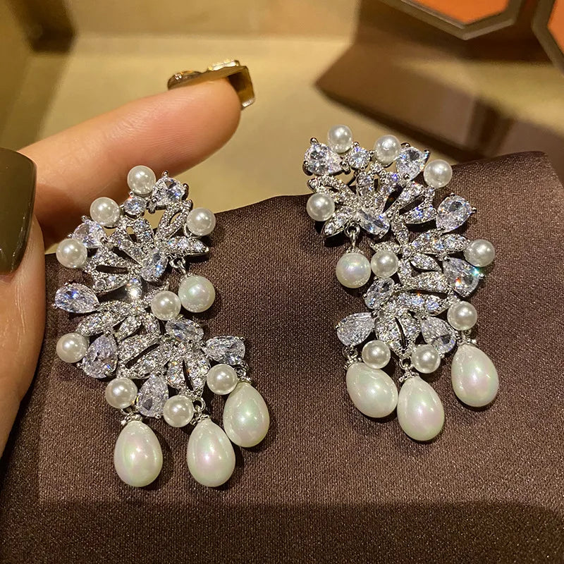 925 Silver Pearl Drop Earrings Exaggerated Design Dangling Ear Jewelry