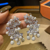 925 Silver Pearl Drop Earrings Exaggerated Design Dangling Ear Jewelry
