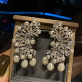 925 Silver Pearl Drop Earrings Exaggerated Design Dangling Ear Jewelry