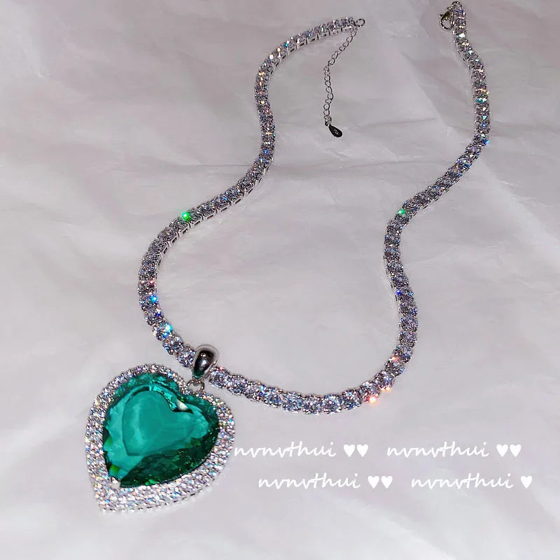925 Silver Heart of the Sea Pendant Necklace Green Zircon Crystal Charm