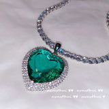 925 Silver Heart of the Sea Pendant Necklace Green Zircon Crystal Charm