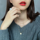 925 Sterling Silver Double Layer Chain Necklace Coin Pendant Bohemian