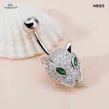 925 Sterling Silver Green Eye Leopard Belly Piercing Crystal Belly Button Ring