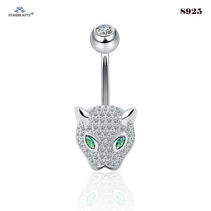 925 Sterling Silver Green Eye Leopard Belly Piercing Crystal Belly Button Ring