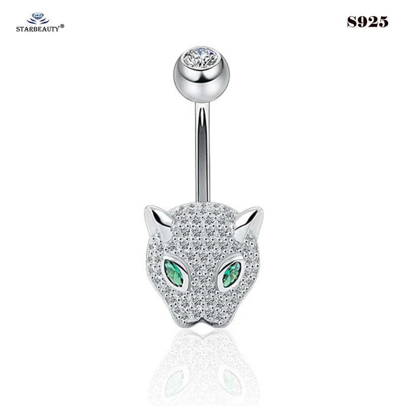 925 Sterling Silver Green Eye Leopard Belly Piercing Crystal Belly Button Ring