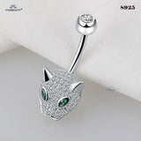 925 Sterling Silver Green Eye Leopard Belly Piercing Crystal Belly Button Ring