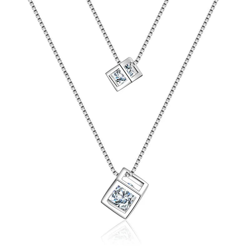 925 Silver Necklace Double Chain Zircon Pendants Link Women Wedding