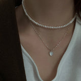 925 Silver Heart Pearl Pendant Necklace Women Choker Charms