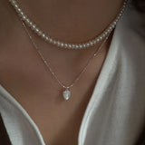 925 Silver Heart Pearl Pendant Necklace Women Choker Charms