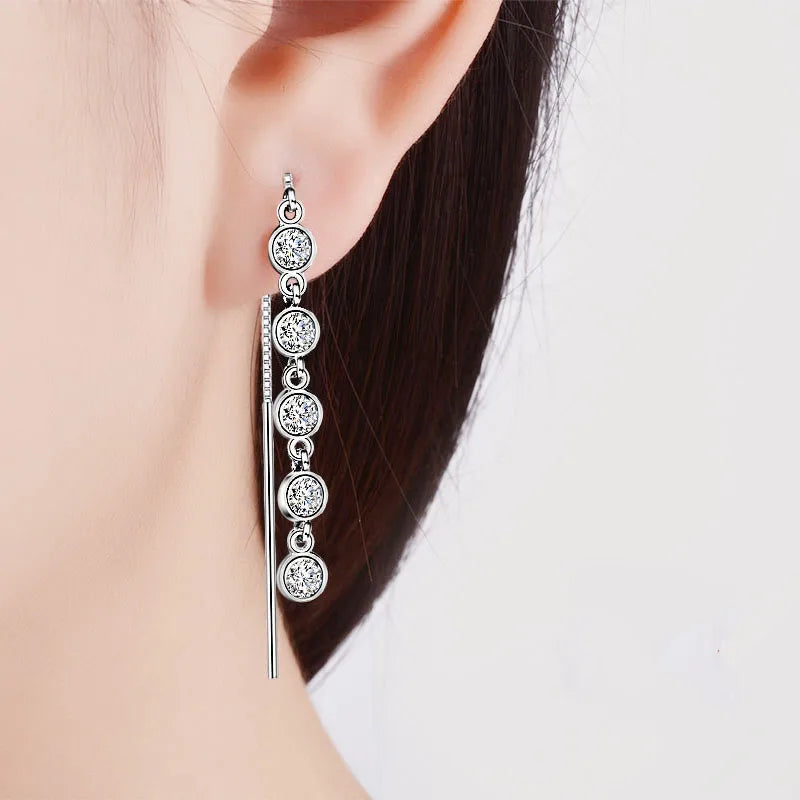 925 Silver Geometric Tassel Drop Earrings with Zircon Crystal