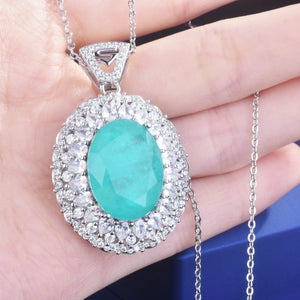 925 Silver Oval Paraiba Tourmaline Diamond Pendant Necklace