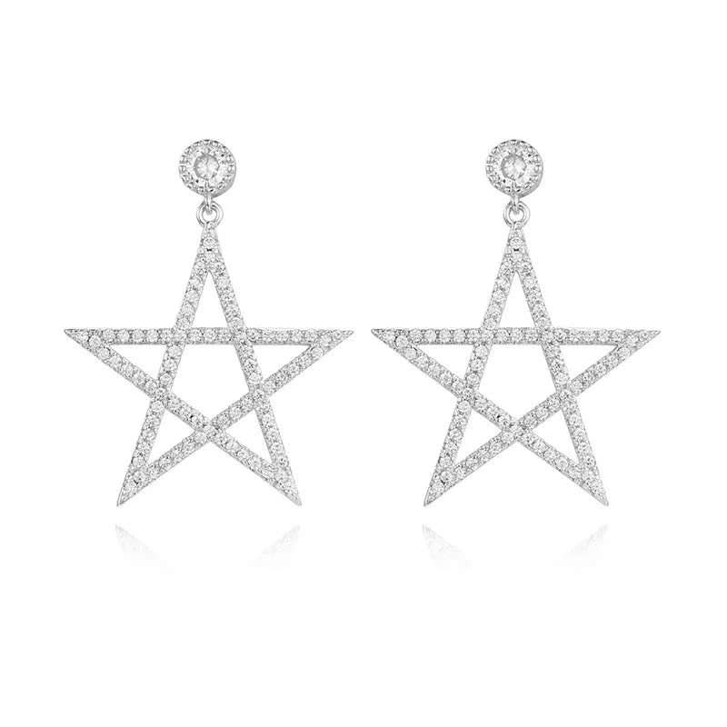 925 Silver Pentagram Earrings Double Star Diamond Women's Wedding Jewelry