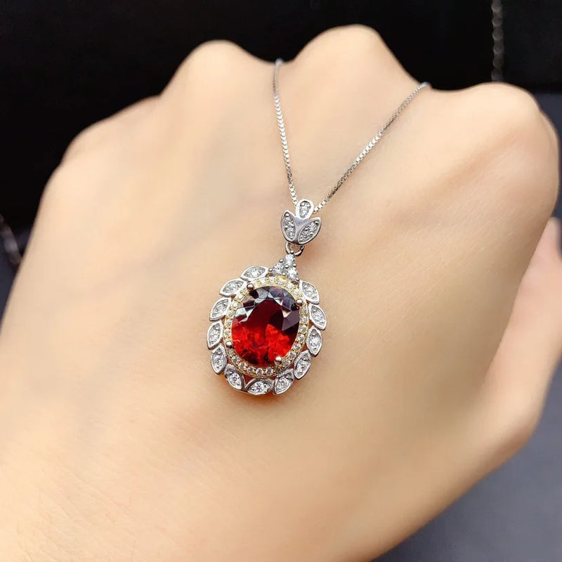 925 Silver Oval Ruby Pendant Necklace for Women