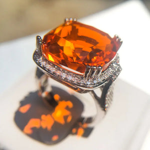 925 Silver Geometric Orange Zircon Stone Ring for Women