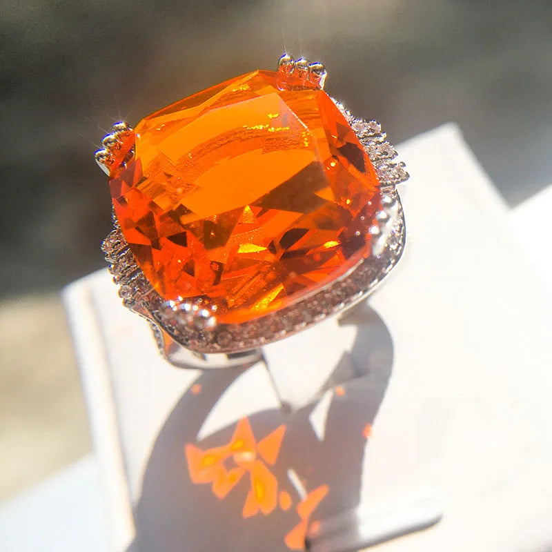 925 Silver Geometric Orange Zircon Stone Ring for Women