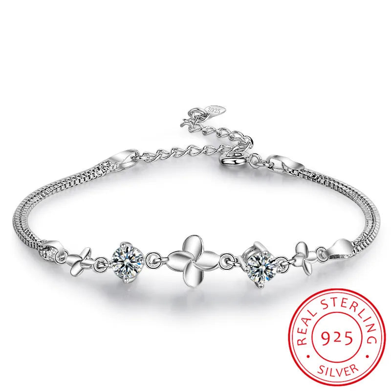 925 Silver White/purple Zirconia Clovers Bracelet for Women