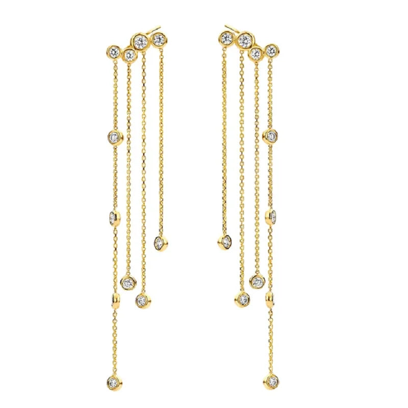 925 Silver CZ Station Chain Tassel Drop Earrings